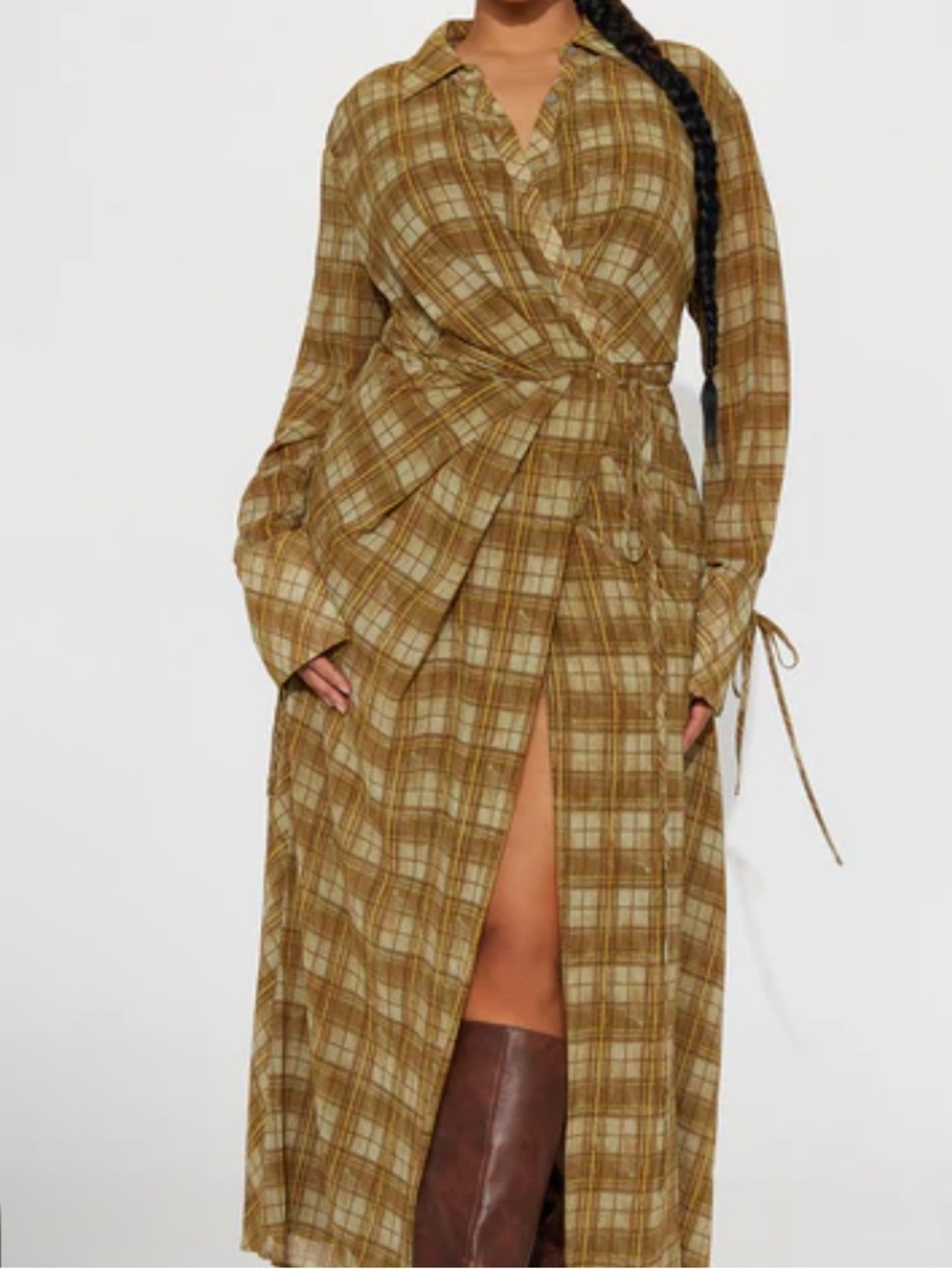 Plaid Wrap Maxi Dress in Olive Brown